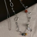 Bohemian vintage long necklace with ceramic beads and silver hollow metal on wooden tray - Dual-use Waist Chain Necklace - Antique Silver Multi-color