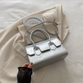 Minimalist silver small square handbag with magnetic flap and detachable shoulder strap - Silver