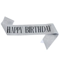 Banda de cumpleaños plateada con purpurina y letras negras Happy Birthday para fiesta - Feliz Cumpleaños / Plata con Texto Negro