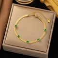 18K gold plated snake chain bracelet with five green zircon stones and heart charm - SLE24 Emerald Bracelet with Heart Charm Gold