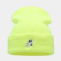 Fluorescent knit beanie with ghost embroidery for Halloween street fashion style - Fluorescent Yellow