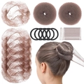 Hair bun maker kit with brown donuts, hair nets, elastics, and metal U-shaped pins - 37-Piece Light Coffee Set / Light Coffee