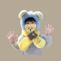 Kids winter fleece hooded scarf set in blue and yellow with cute bear ears and plush toy - 2 Years-6 Years / Little Bear 3-Piece Set Yellow