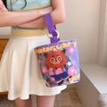 Purple canvas bucket bag with cute cartoon cat print and circular handle detail - Flower Bear