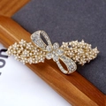 Elegant gold hair clip with pearls, rhinestones and vintage bow flower design - Pearl Flower