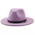 Detail of light purple wool fedora hat featuring black leather band and gold metal buckle - M (56-58cm) / Taro Purple