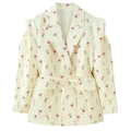 Cream floral blazer for women featuring a belted waist and padded shoulders in elegant style - Yellow Floral