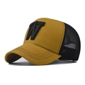 Detail of vintage washed trucker hat with 3D embroidered W and breathable mesh - Adjustable / Yellow