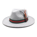 Detail of wool fedora hat with signature green-red stripe ribbon and feather accent - M (56-58cm) / Light Heather Grey