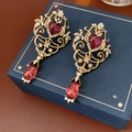 Vintage gold-plated earrings with heart and teardrop shaped rose red crystals - 47# Silver Earring Post - Gold - Purple