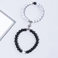 Magnetic couple bracelets set with black matte and white marble beads in silver finish - White Marble & Black Matte - Magnetic Ball