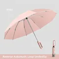Ombrello inverso automatico rosa con impugnatura ad anello circolare per appenderlo - 23 pollici / 106 cm di diametro / Rosa Mezza Estate