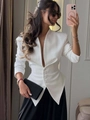 Slim fit white blazer for women with asymmetrical hem and single-breasted button closure - M / White