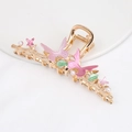 Golden alloy shark hair clip with purple butterflies, green leaves and white pearls - HS02633 Pink