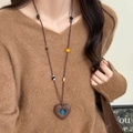 Vintage heart necklace with brown heart pendant and blue bead on a long beaded chain - Vintage Beaded Contrast Color Style / Necklace-Brown-Blue