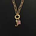 Stainless steel paperclip chain necklace with 'J' initial and pink zircon pendant - Letter J