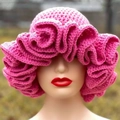 Bright pink crocheted knit hat with exaggerated tiered ruffles and wavy brim details - Adult 56-59cm / Lotus Root Pink