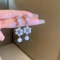 Silver geometric flower drop earrings with white pearls and sparkling crystals - 27# 925 Sterling Silver Earring Post - Silver Pearl Flower Tassel