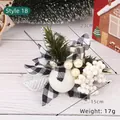 Christmas pick with black white plaid leaves, pine needles and white berries, 23cm height - Style 18