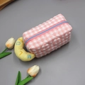 Pink checkered makeup bag with yellow handle and Melody embroidery detail - Pink-Small Yellow Handle