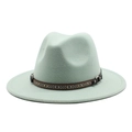 Detailed view of mint green wool felt fedora with ethnic band and leather metal buckle - Mint Green