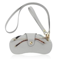 Gray pebble leather glasses case with gold clasp and detachable shoulder straps - Wristlet + Lanyard Style / Gray
