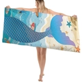 Detailed mermaid tail pattern on quick-dry rectangular microfiber beach towel with sea shells - Blue Mermaid Seaside Background (STJ-019-012)