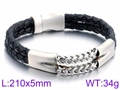 Men's double-row steel chain braided black leather bracelet, 210mm length, 34g weight - Double Strand Leather Braided Style (KB85022-K)