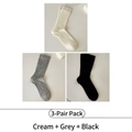 Three pairs of ribbed knit crew socks in cream, grey, and black with elastic cuffs - 3 Pairs - Milky White+Grey+Black