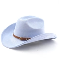 Détail d'un chapeau de cowboy en feutre bleu clair avec bande en similicuir marron - M(56-58cm) / Bleu ciel clair