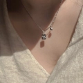 Silver Good Luck square pendant necklace with mixed industrial chain on a model - Square Tag and Bead Good Luck Pendant (XL1722)