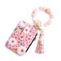 Floral silicone bead wristlet keychain with pink flower print card wallet and tassel - Light Pink