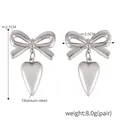 Silver titanium steel bow earrings with heart pendant and geometric devil eye design - F1518 / Steel