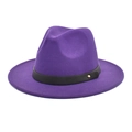 Detail of dark purple wool fedora hat featuring flat wide brim and black leather belt accent - M (56-58cm) / Purple