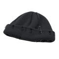 Fashionable distressed black knit beanie featuring metal rings and a large safety pin accessory - One Size / Dark Gray