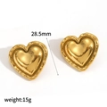Detail view of 28.5mm layered heart stud earrings with wavy texture in gold finish - Wavy Pattern 3D Gold Heart Style (TE60424-G)