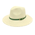 Cream straw sun hat with green belt buckle and stylish frayed brim for summer beach - M (56-58cm) / Cream