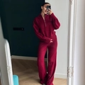 Women's two-piece knitted set in deep red with half-zip top and high-waist pants - S / Red
