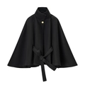 Damen-Cape-Mantel aus Wollmischung in Schwarz mit Stehkragen, Goldknopf und Bindegürtel - S / Schwarz