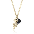 Golden flower pendant necklace with dark blue birthstone bead on a classic O-chain link - Hollow September Morning Glory