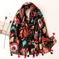 Ethnic style cotton linen scarf with orange wheat and floral patterns with tassel edge - Colorful Floral Plants (SL2208-011)