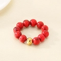 Elastic 6mm red beaded ring with single gold accent bead - Beaded Ring (KR112965-Z) / Adjustable Elastic Cord / Red And Gold