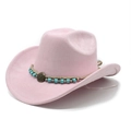 Detail of pink faux suede cowboy hat with braided rope band and turquoise-style bead - M (56-58cm) / Pink
