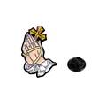 Enamel pin badge featuring praying hands with a golden cross and black butterfly clutch - Praying Hands with Cross