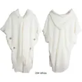 White boho knitted poncho sweater with fringe tassels, wood buttons and hood - White / 85*190cm