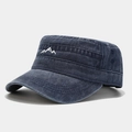 Distressed navy flat top army cap with mountain embroidery for outdoor hiking - Adjustable / Navy Blue
