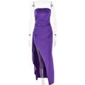 Detail of purple off-shoulder evening dress with pleated bodice and high side slit - S / Purple