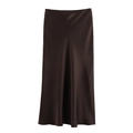 Detail of a chocolate brown satin midi skirt showing smooth silk texture on white background - Coffee
