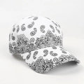 Nahaufnahme einer weißen Baseballkappe mit schwarzem Paisleymuster und sechs Segmenten - Verstellbar / Weiß