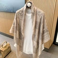 Elegant beige cotton linen shawl featuring artistic dark geometric line patterns - 130*130cm / Beige Geometric Line (MZF-091)